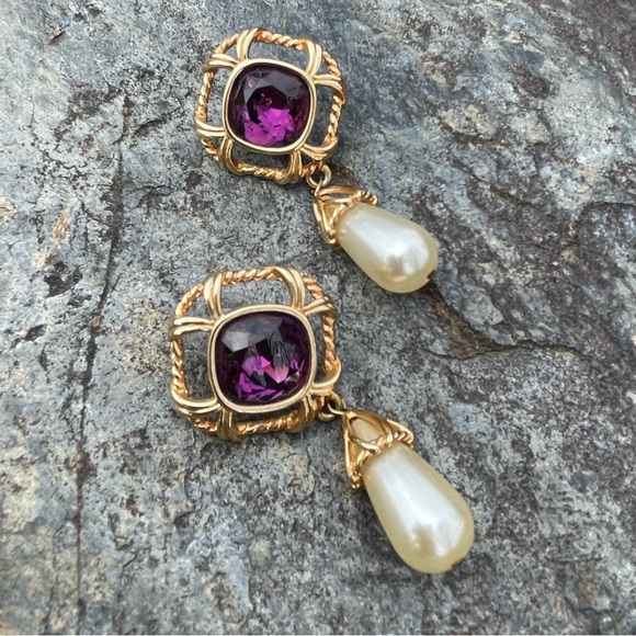 Swarovski Jewelry - Vintage Swarovski Pearl Drop Large Purple Crystal Earrings